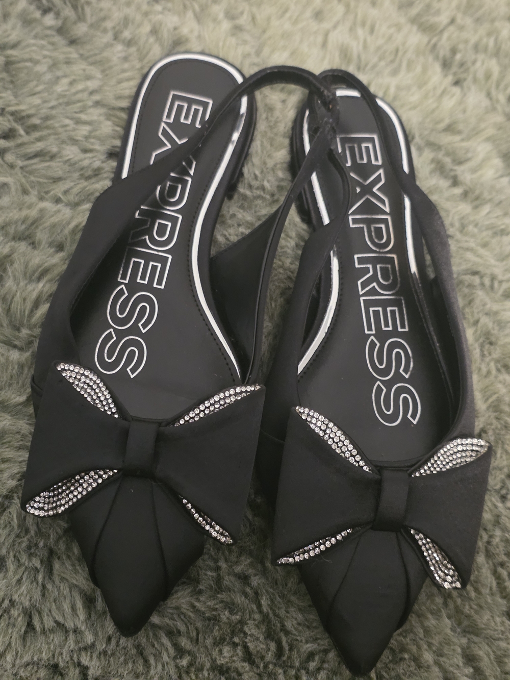 Express Black Pointed Slingback Flats with Rhinestone Bow